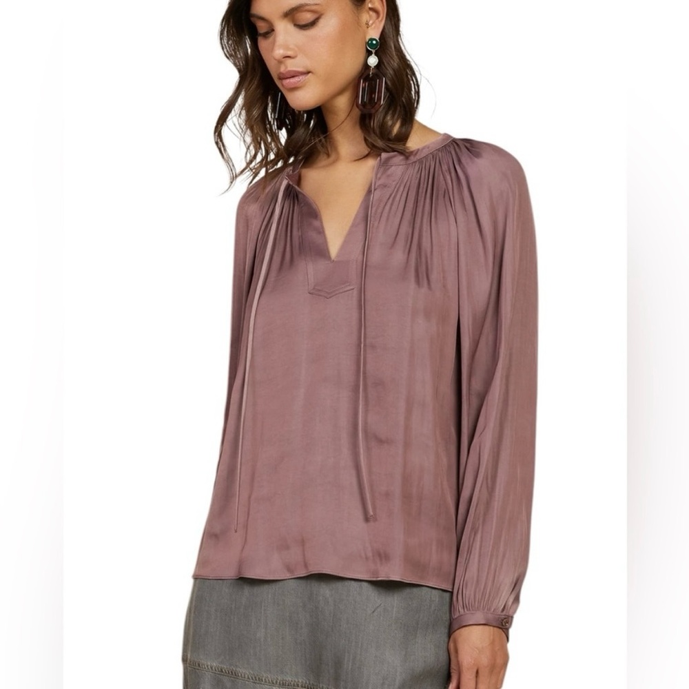 BY TOGETHER NWT Gathered Tie Neck Satin Blouse in Mauve Brown Size M